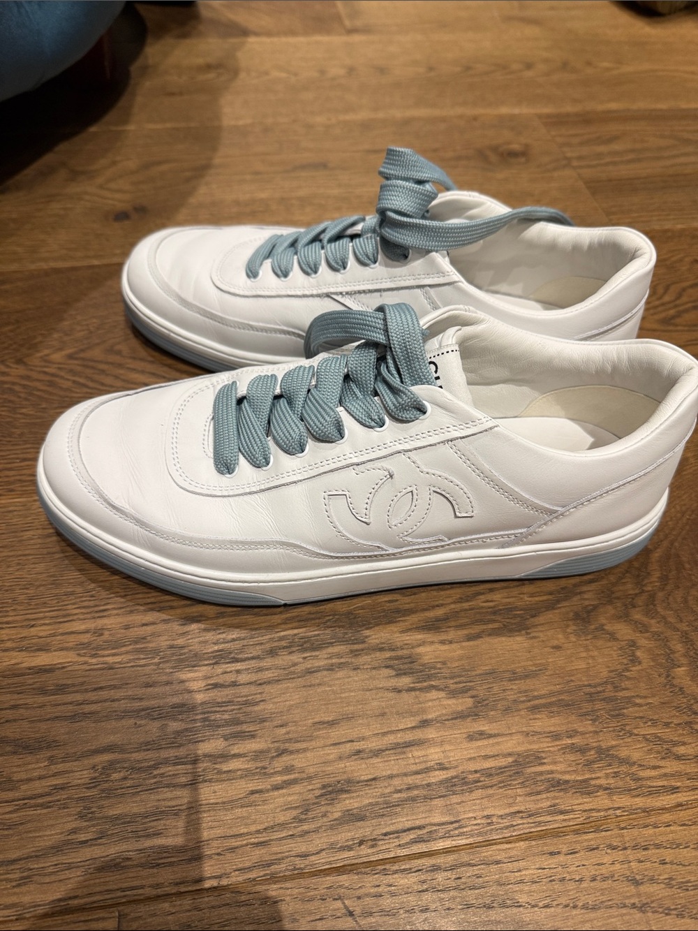 CHANEL White Leather Sneakers with Light Blue Laces